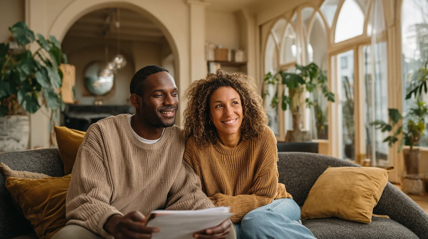 Couple reviewing financial options on modern curved sofa